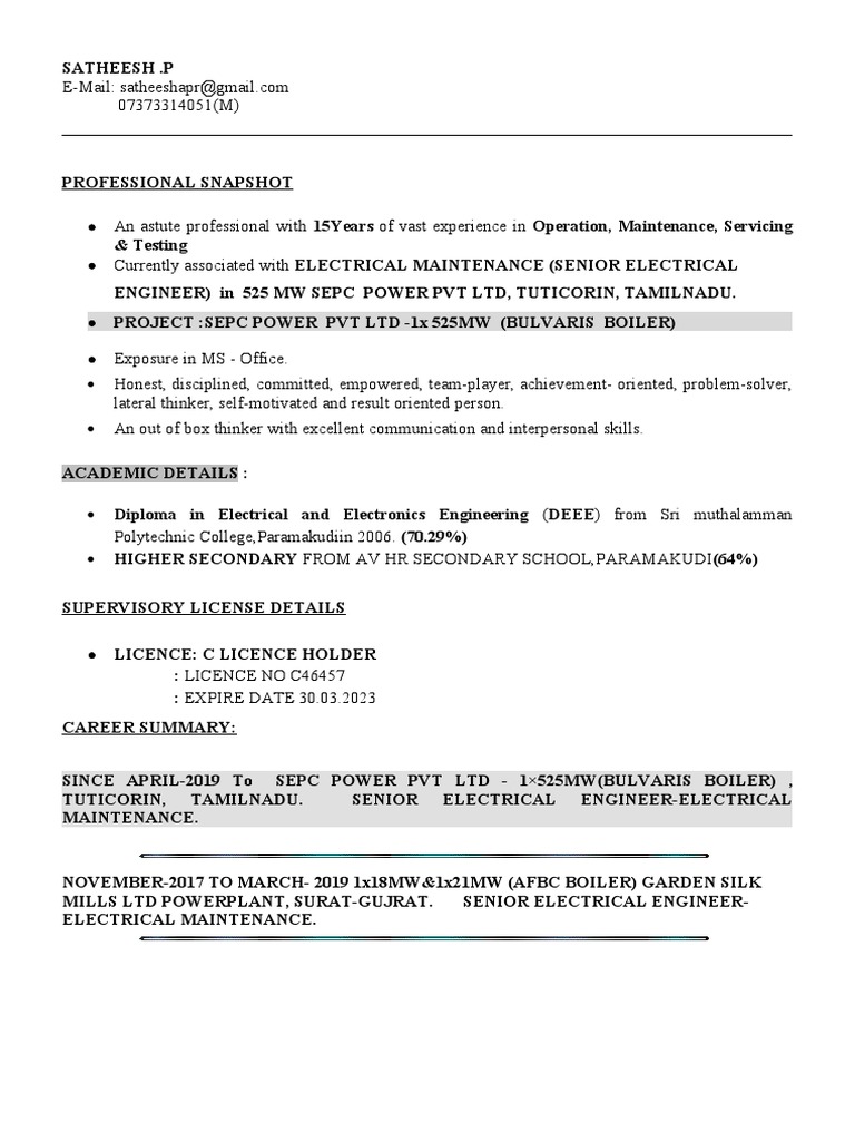 SatheeshP 15yrs Dip Electrical C License PDF Transformer Relay