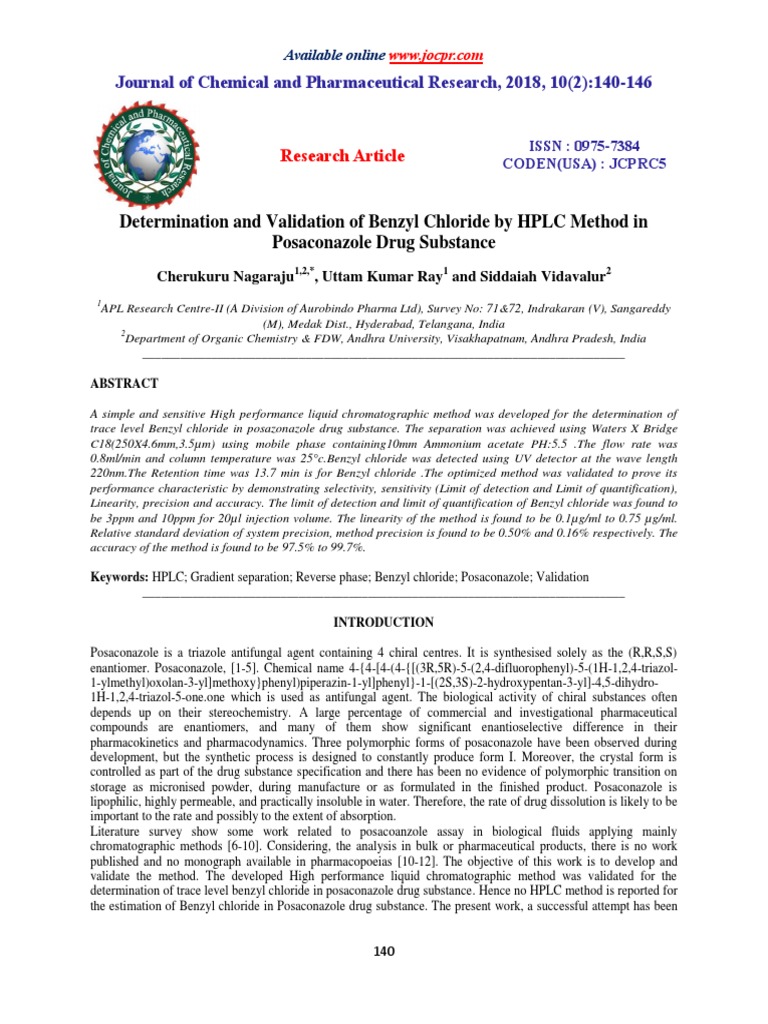Determination and Validation of Benzyl Chloride by HPLC Method in ...