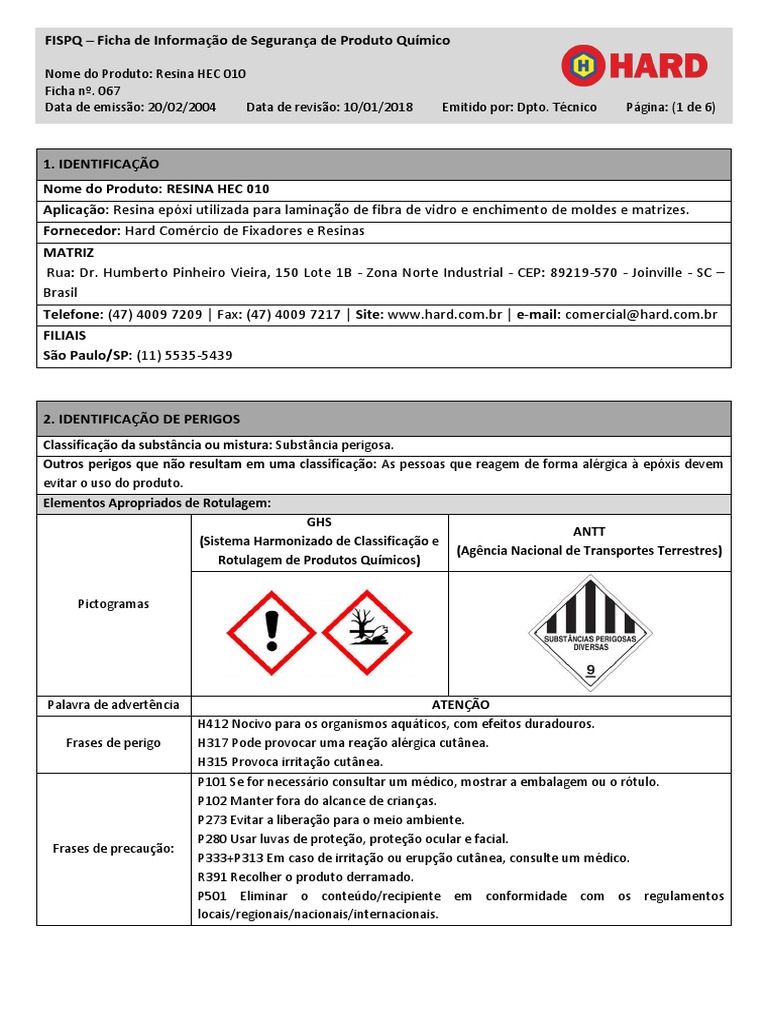 FISPQ da Resina HEC 010 | PDF | Química | Vapor