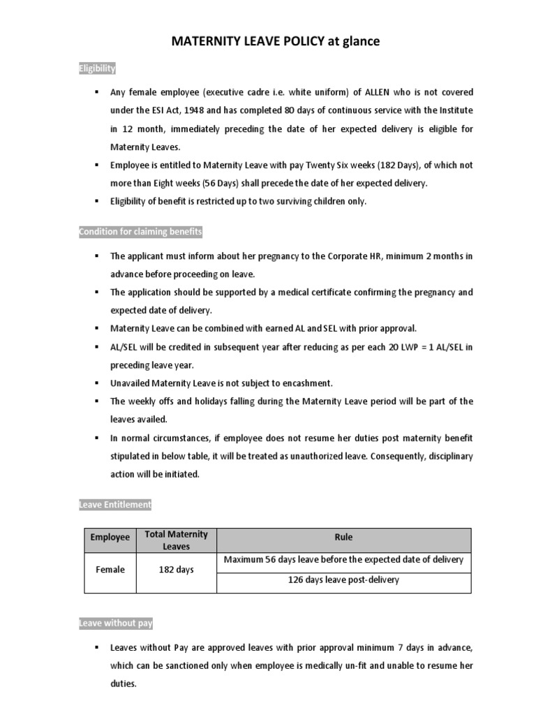 MATERNITY LEAVE POLICY at Glance PDF Parental Leave Employment