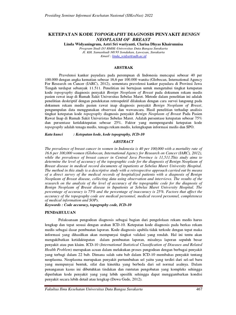 Ketepatan kode topography diagnosis penyakit benign neoplasm of breast