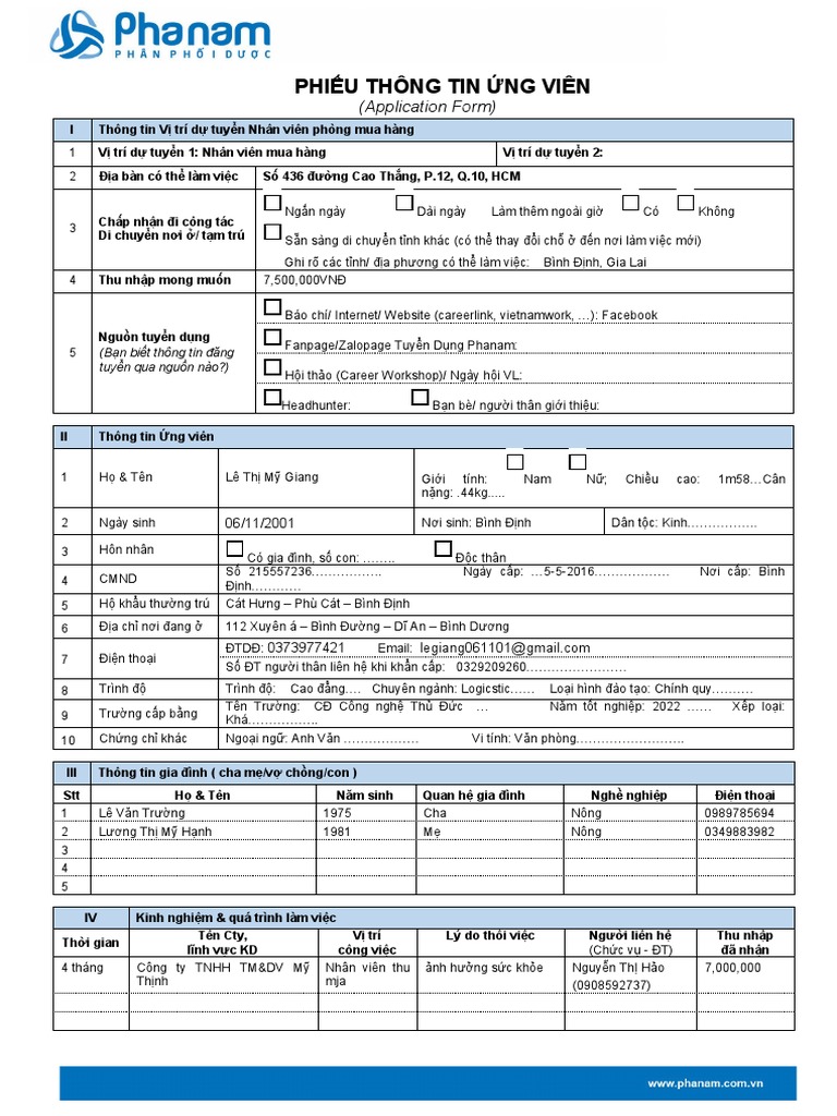 BM04 - Phieu Thong Tin Ung Vien (New) - Page 1 | PDF