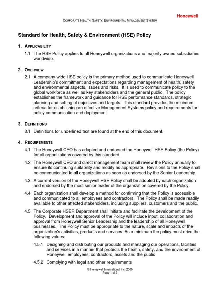 HSE Policy Standard Honeywell PDF Honeywell Safety