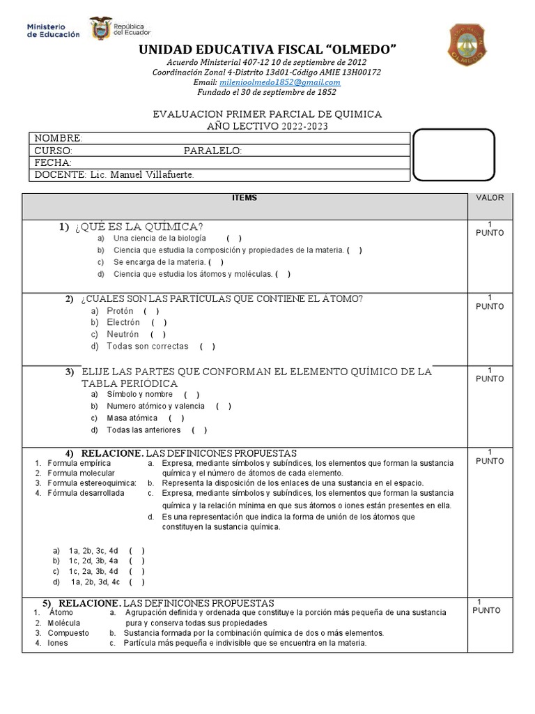 Evaluacion Sumativa Quimica 2022 - 2023 | PDF | Química | Enlace químico