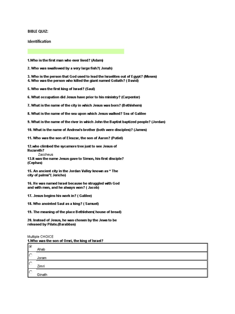 Bible Quiz | PDF | Jesus | Biblical People