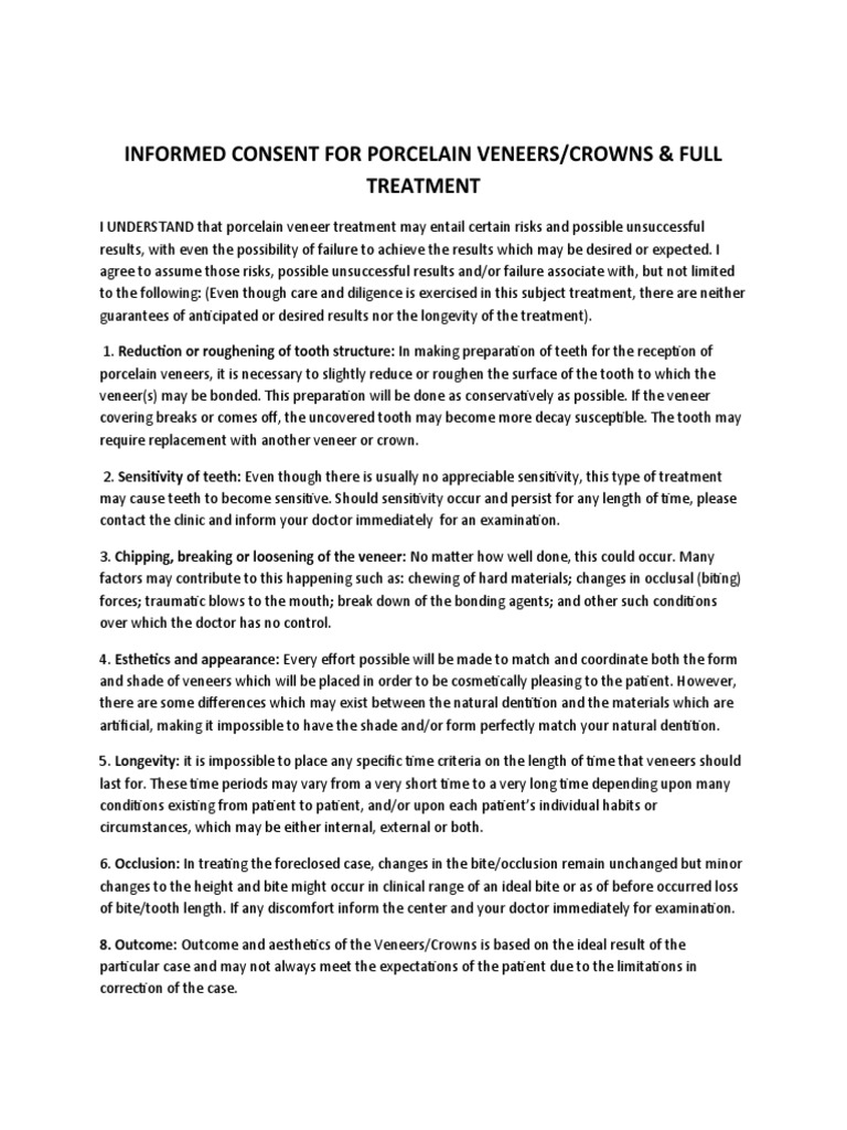 Informed Consent For Porcelain Veneers PDF Clinical Medicine