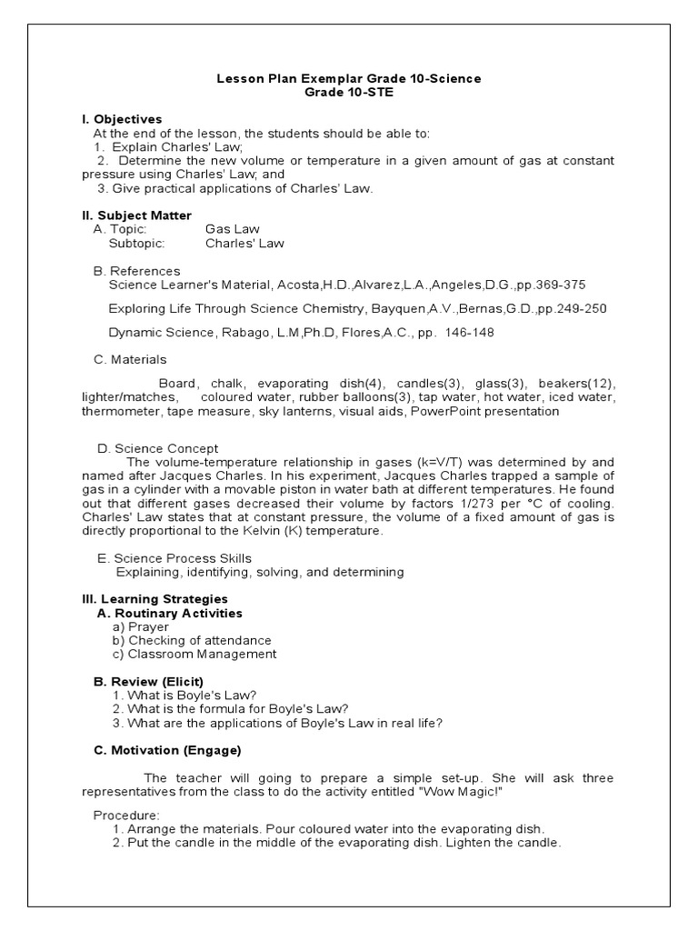 Charles' Law Lesson Plan for Grade 10 | PDF | Gases | Water