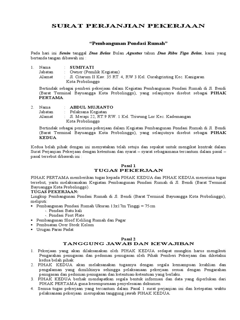 SURAT PERJANJIAN KONTRAK Rumah | PDF