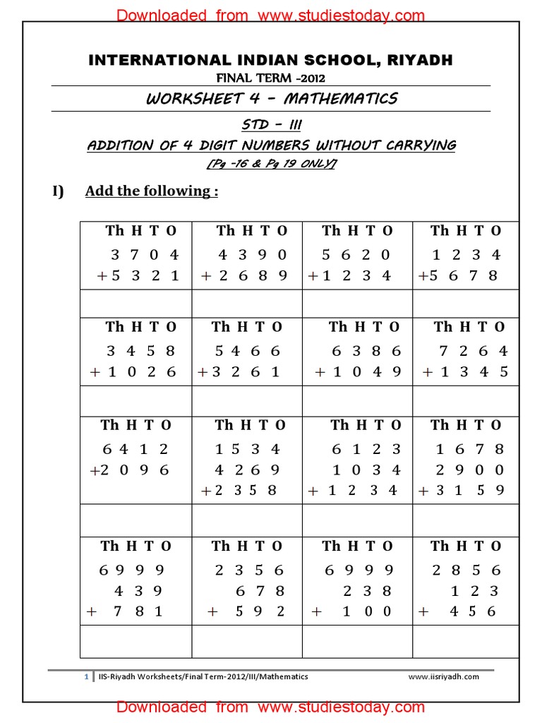 CBSE Class 4 Maths Revision Worksheet (122) Addition PDF