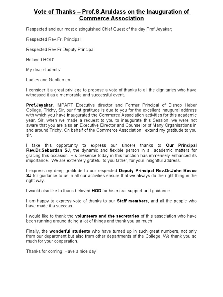 Vote of Thanks, Prof.S.Aruldass, Assistant Professor of ...