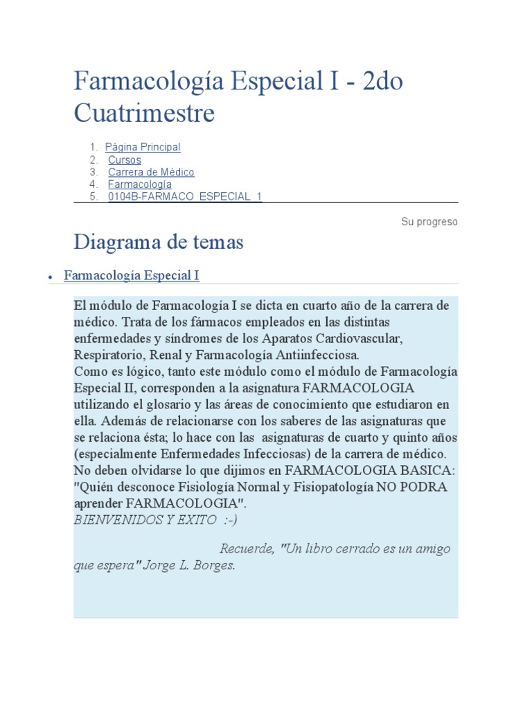 Farmacología Especial I PDF Farmacología Especialidades Medicas