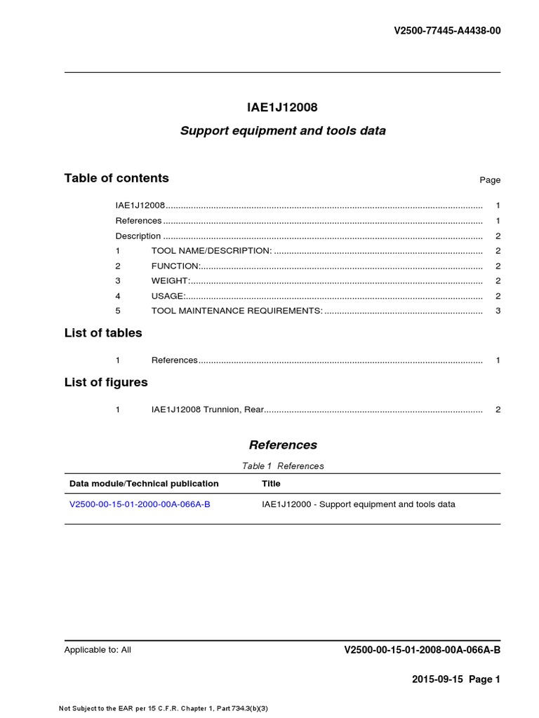 Support Equipment and Tools Data for the IAE1J12008 Trunnion, Rear Tool