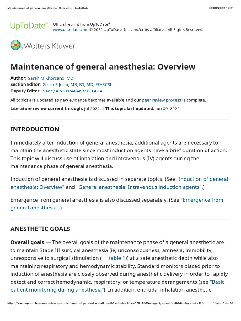 Maintenance of General Anesthesia: Overview - UpToDate | PDF ...