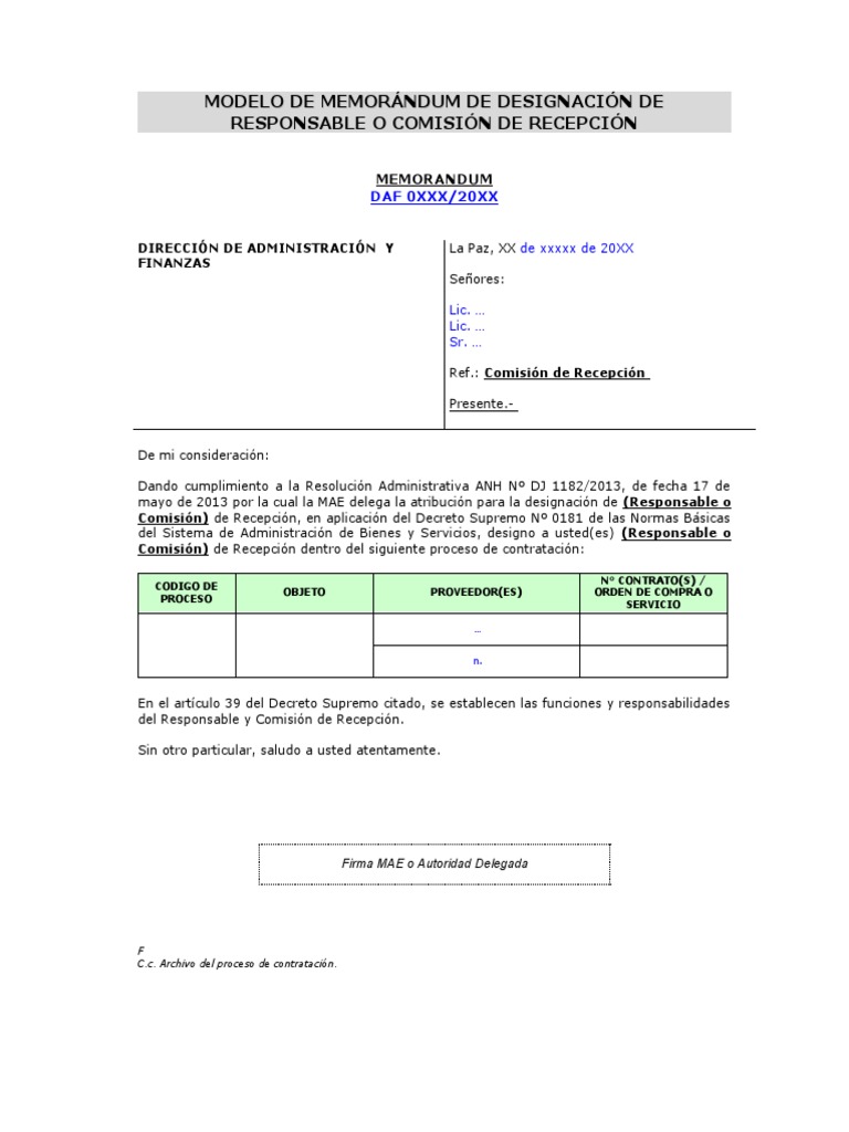 Modelo de Memorandum de Designacion de Comisin de Recepcin | PDF