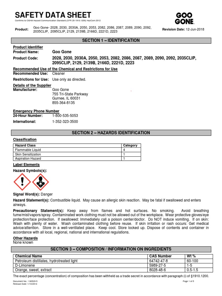 MSDS Goo Gone PDF Occupational Safety And Health Safety