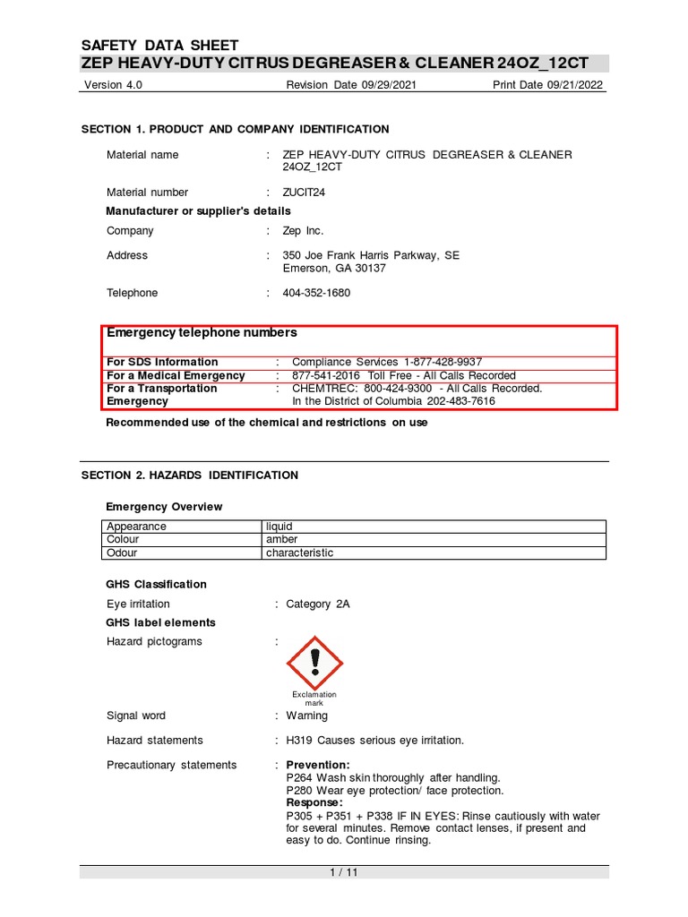 MSDS Zep PDF Dangerous Goods Toxicity