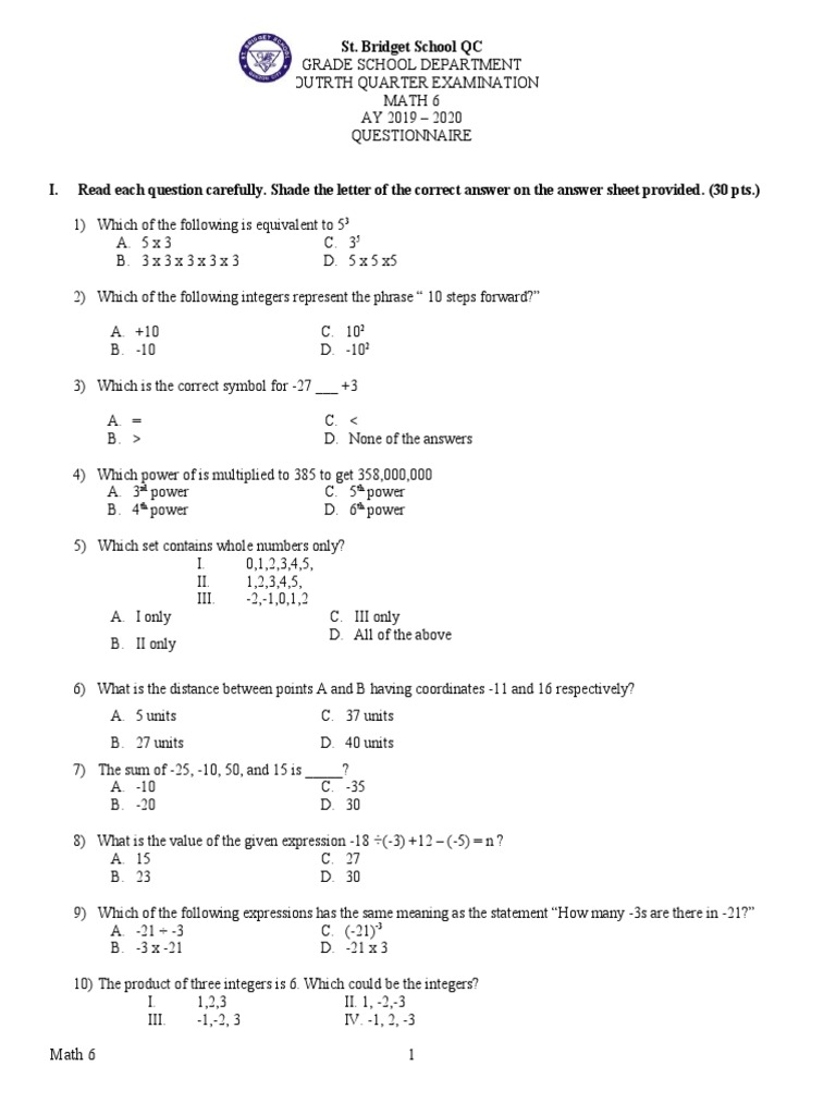 Grade 6 Math 4th Quarter Exam 2019-2020 | PDF | Numbers | Equations