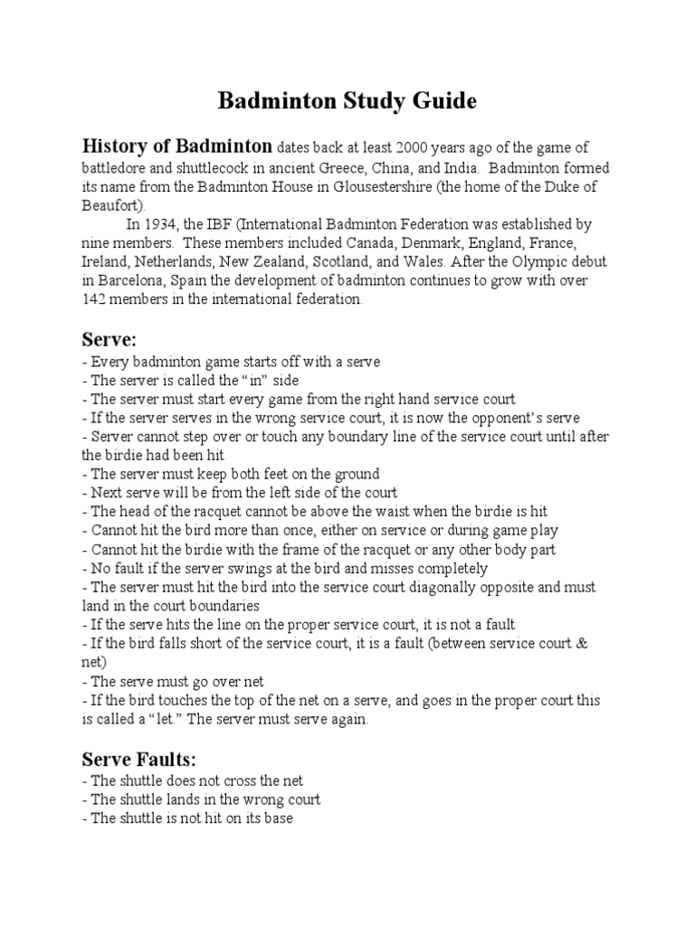 Badminton Study Guide PDF Games Of Physical Skill Ball Games