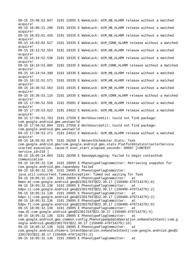 Log of google mobile services component timeouts and wakelock release