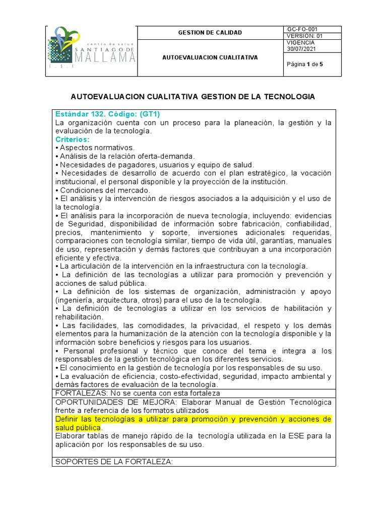 Autoevaluacion Cualitativa Gestion de La Tecnologia Pamec | PDF ...