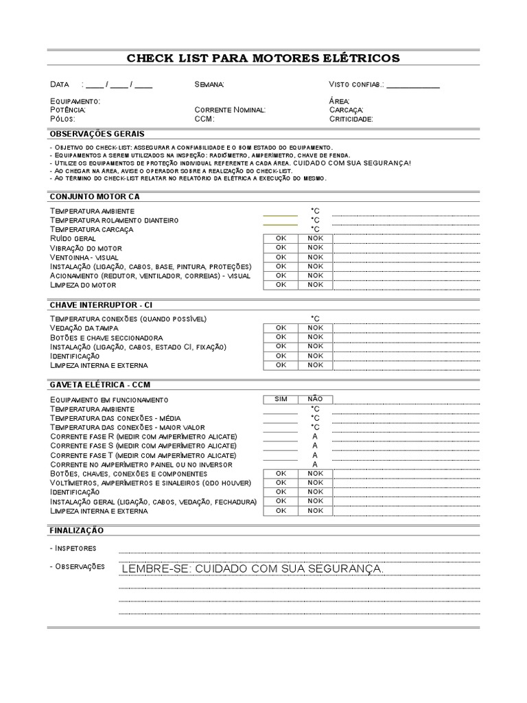 Check-list de Inspeção para Motores Elétricos | PDF | Engenharia ...