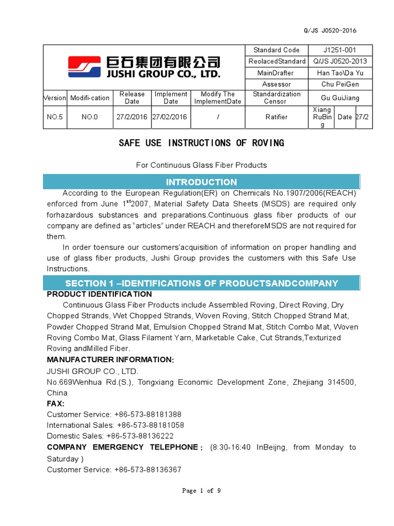 JushiGlass FiberMSDS PDF Fiberglass Magnesium