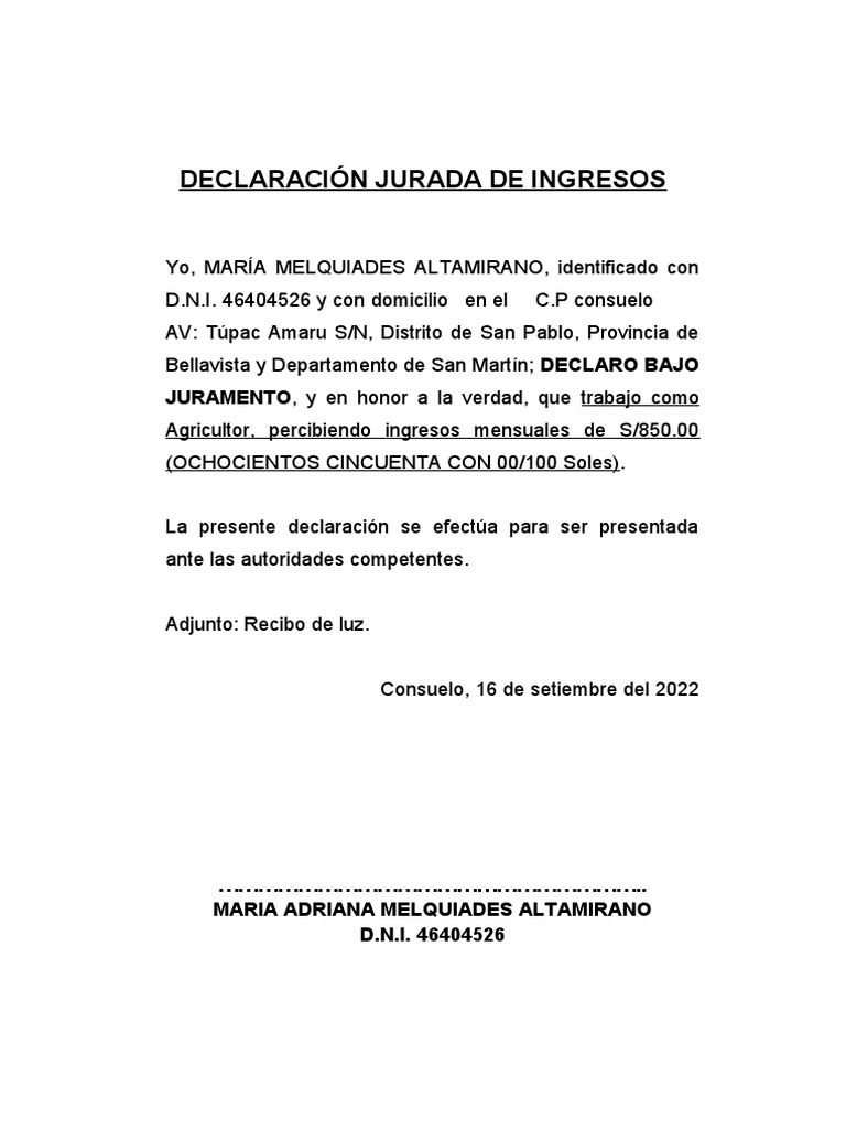 Declaración Jurada de Ingresos Agrícolas | PDF