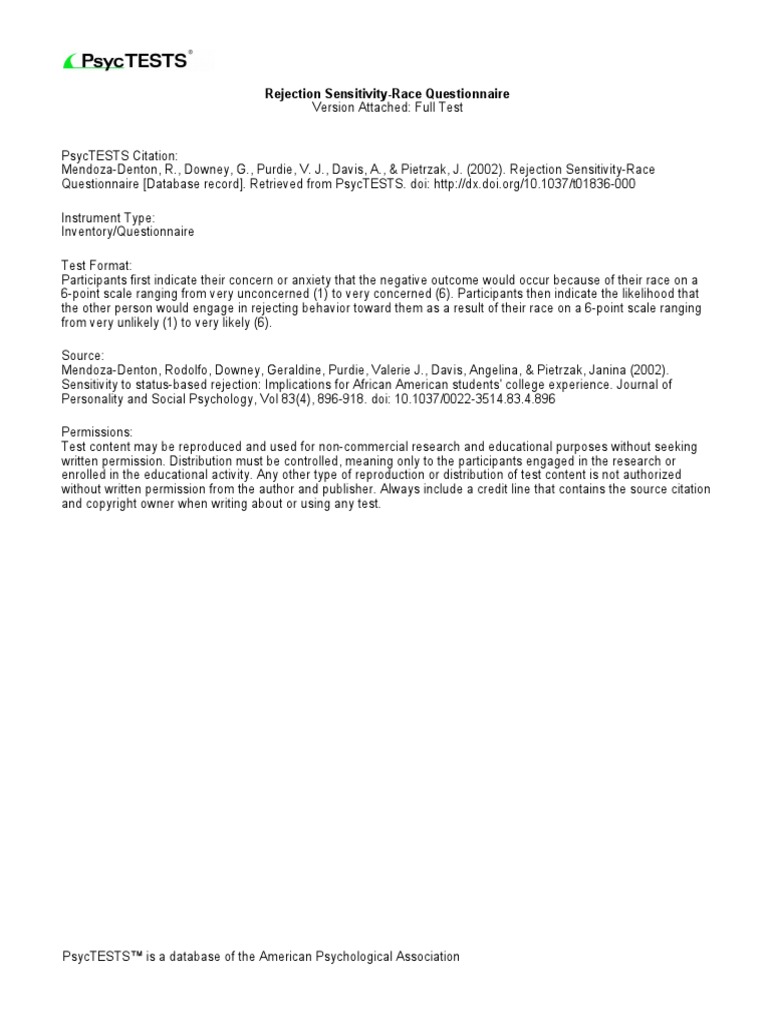 Rejection Sensitivity Race Questionnaire PDF Psychology