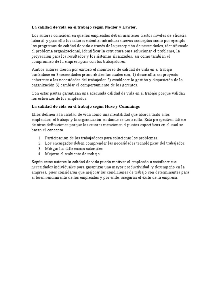 La Calidad de Vida en El Trabajo Según Nadler y Lawler | PDF