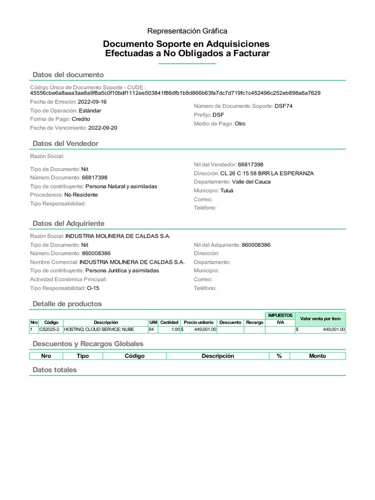 Documento Soporte en Adquisiciones Efectuadas A No Obligados A Facturar ...
