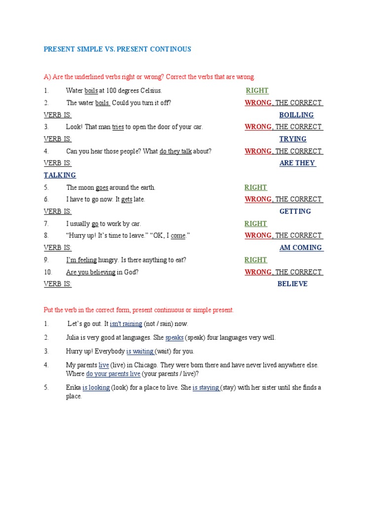 W02 - PE1 - Homework - Present Simple Vs Present Continuous | PDF