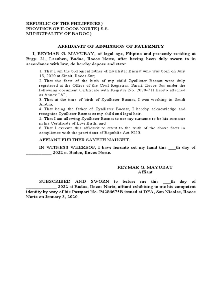 Affidavit of Paternity | PDF | Affidavit | Legal Documents