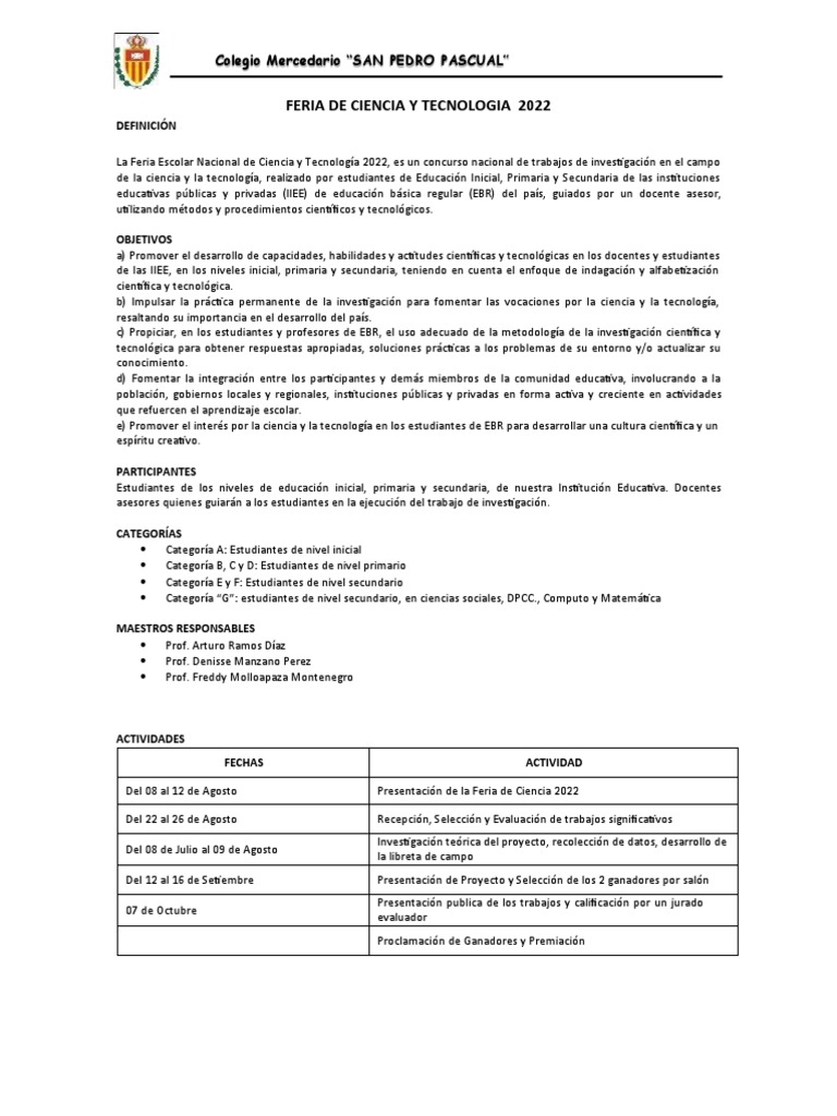 Feria de Ciencias y Teconologia 2022 Anteproyecto | PDF | Educación ...