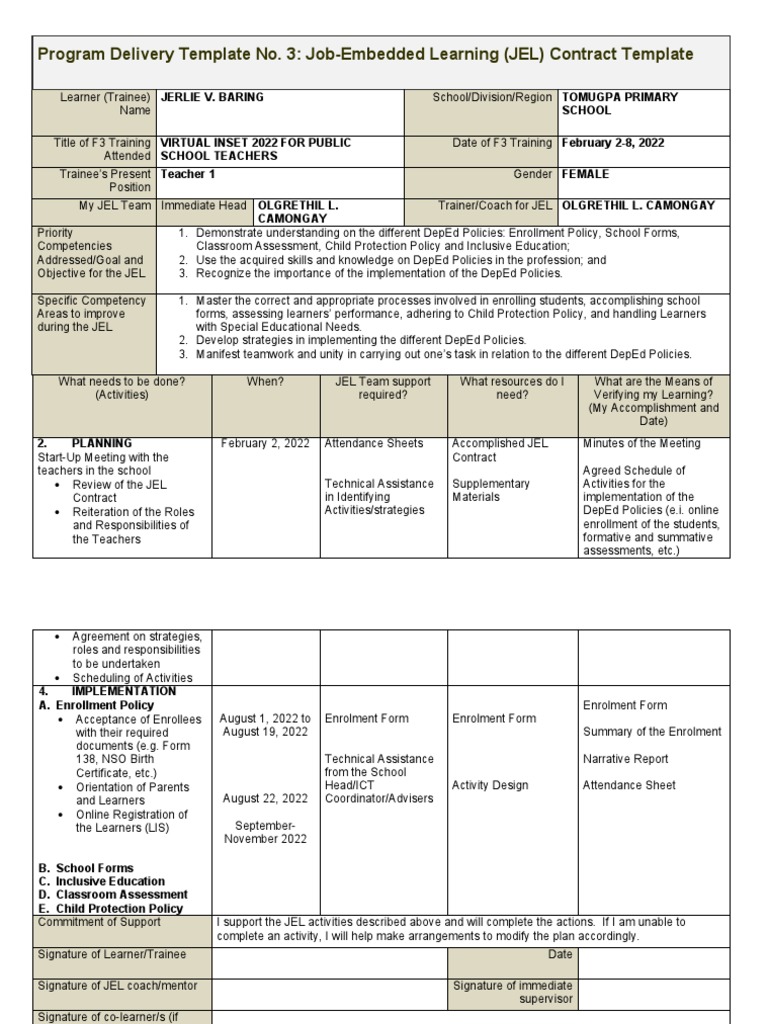Job-Embedded Learning Contract Template | PDF | Teachers | Inclusion ...