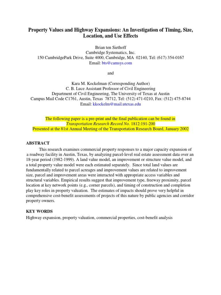 Property Values and Highway Expansions An Investigation of Timing