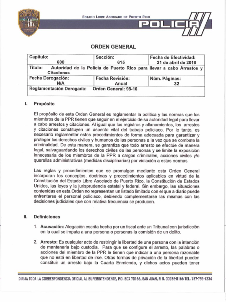 Revisión Orden General Cap. 600 Secc. 615 (Arrestos y Citaciones) PDF