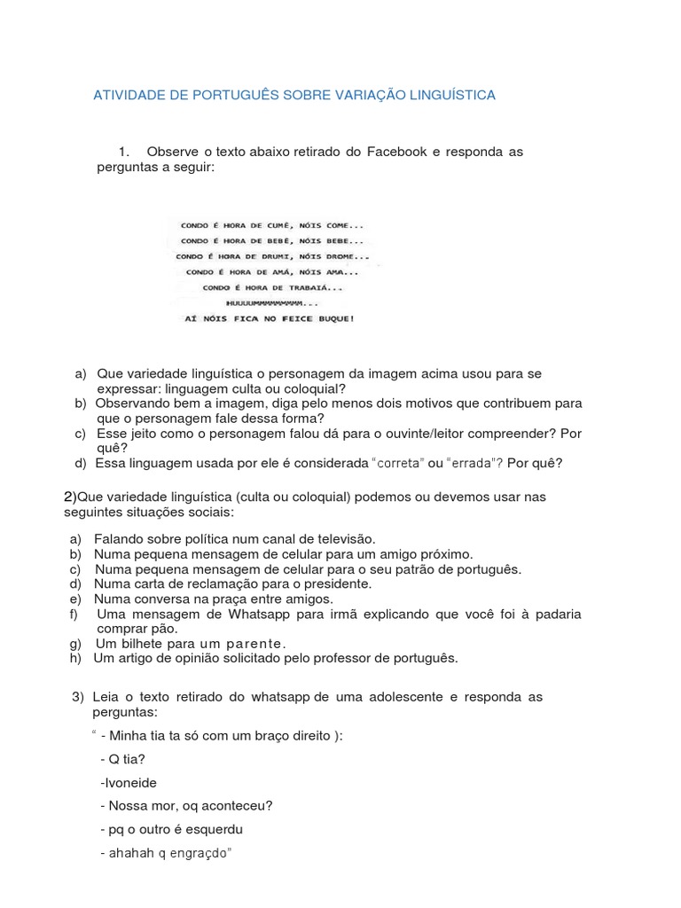Atividade de Variação Linguística 9º Ano | PDF | Linguística ...