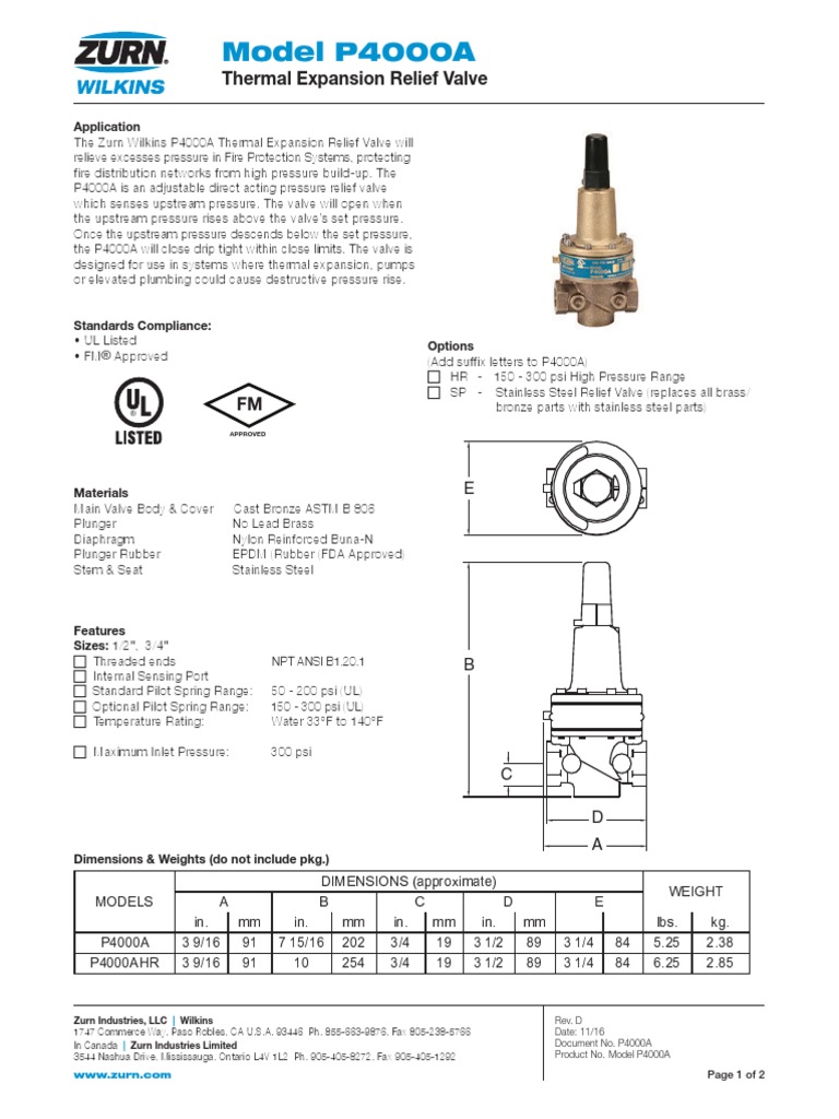P4000A Thermal Expansion Relief Valve Download Free PDF Valve Tools
