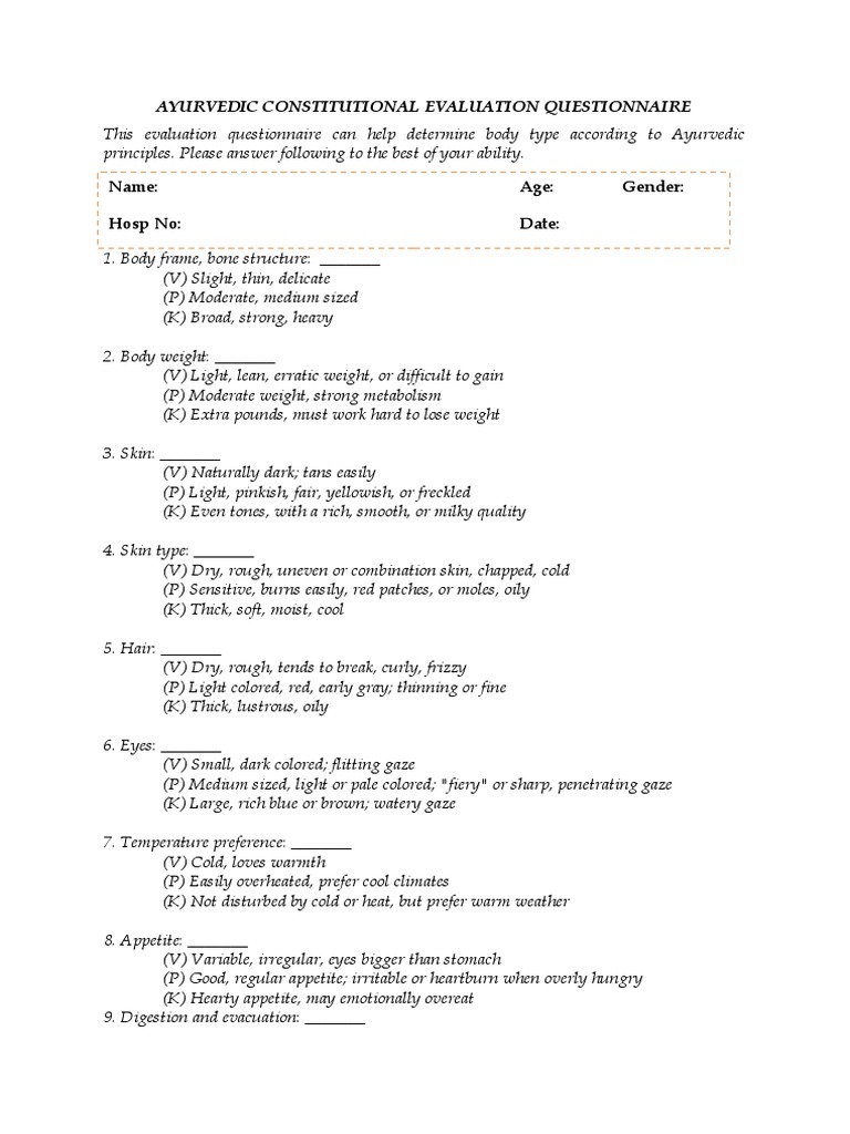 AYURVEDIC CONSTITUTIONAL EVALUATION QUESTIONNAIRE PDF