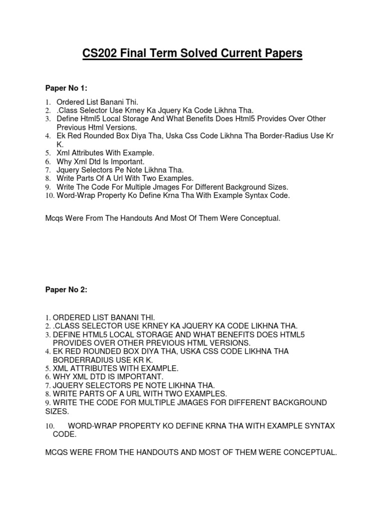 CS202 Final Term Solved Papers Guide | PDF