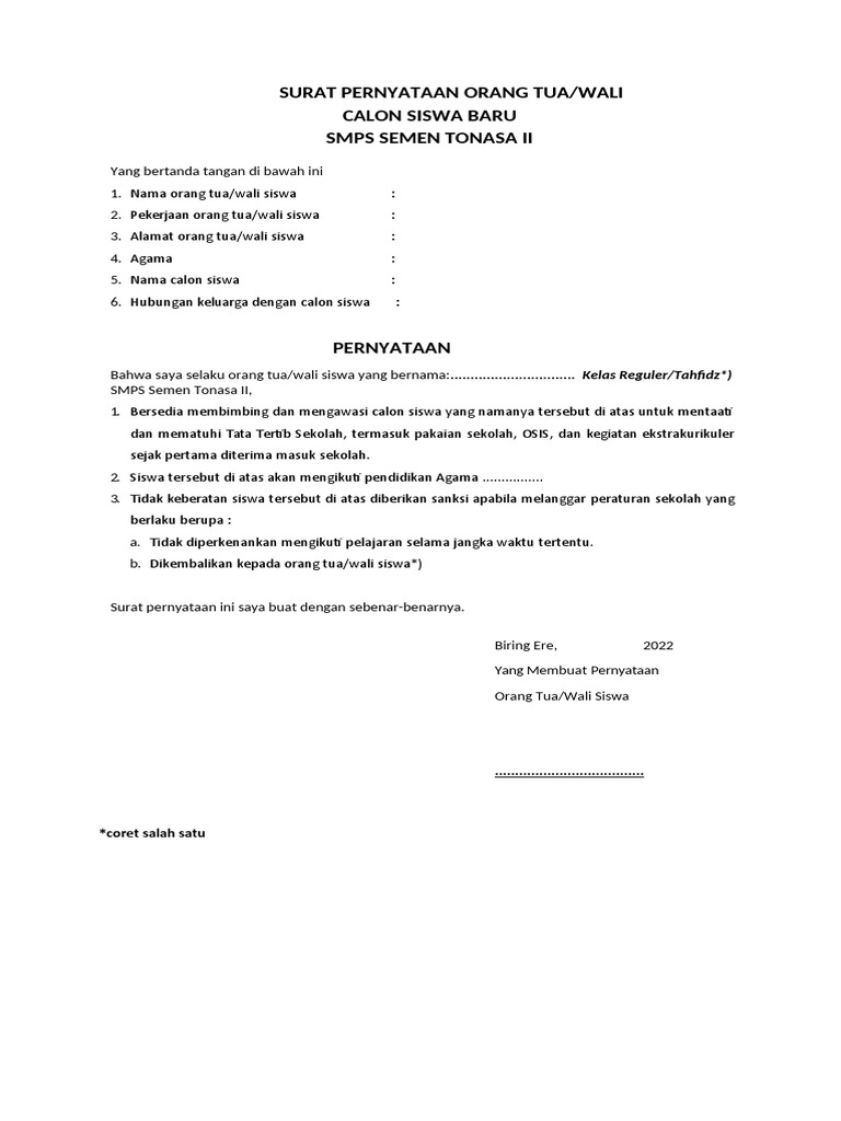 Surat Pernyataan Orang Tua | PDF