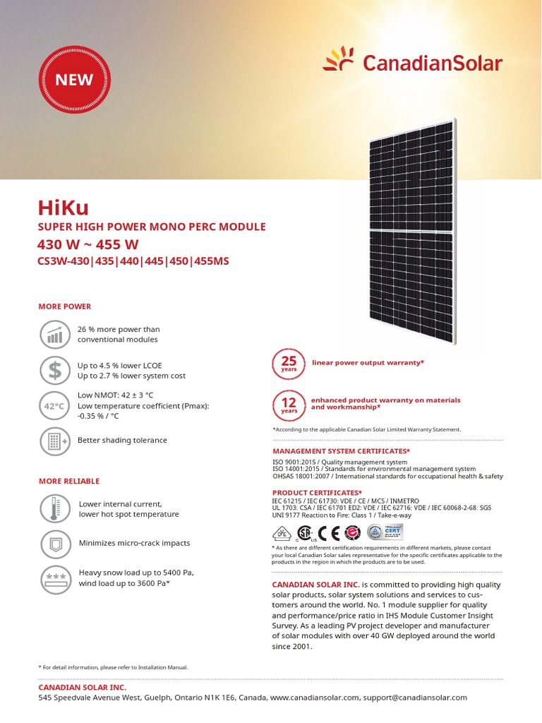 Canadian Solar 455W Module Datasheet | PDF | Solar Panel | Photovoltaics