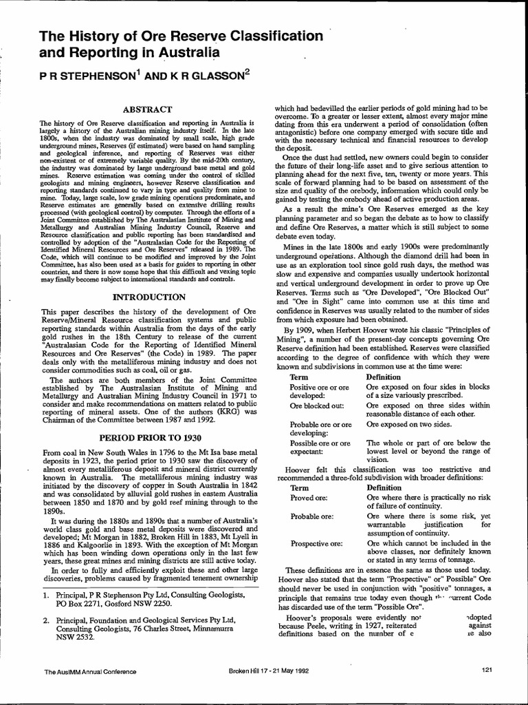 The History of Ore Reserve Classification and Reporting in Australia by ...
