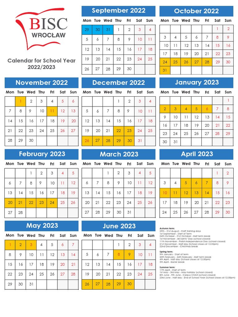 BISC Calendar 2022 2023 | PDF