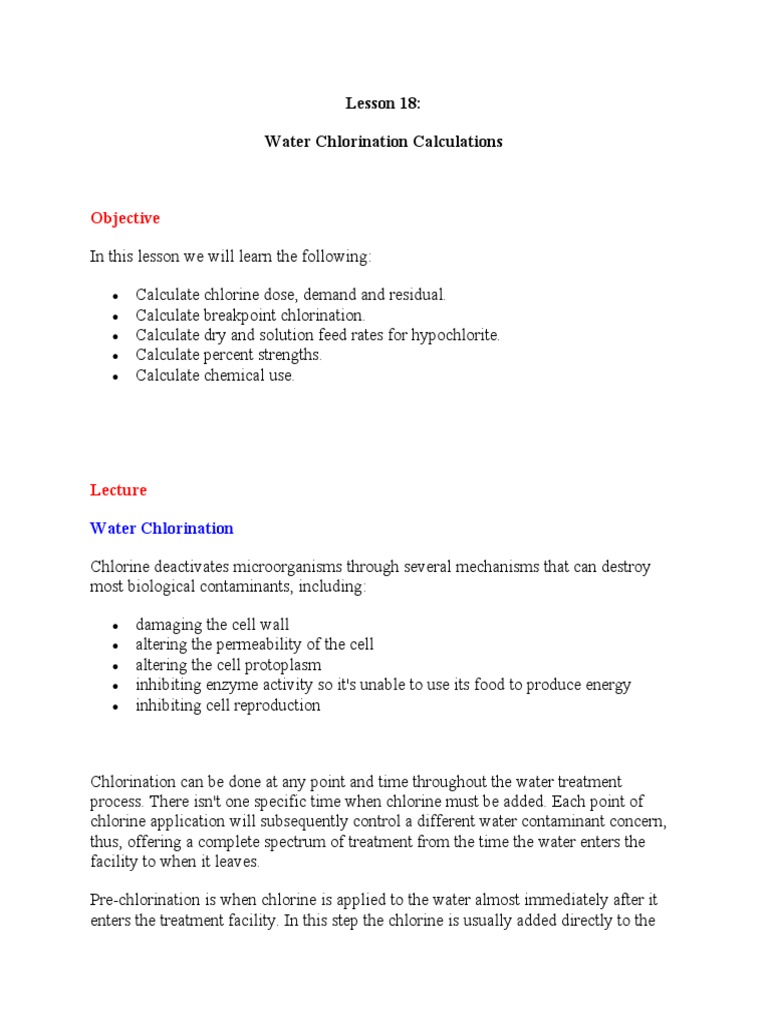 Chlorination Calculations PDF Bleach Water