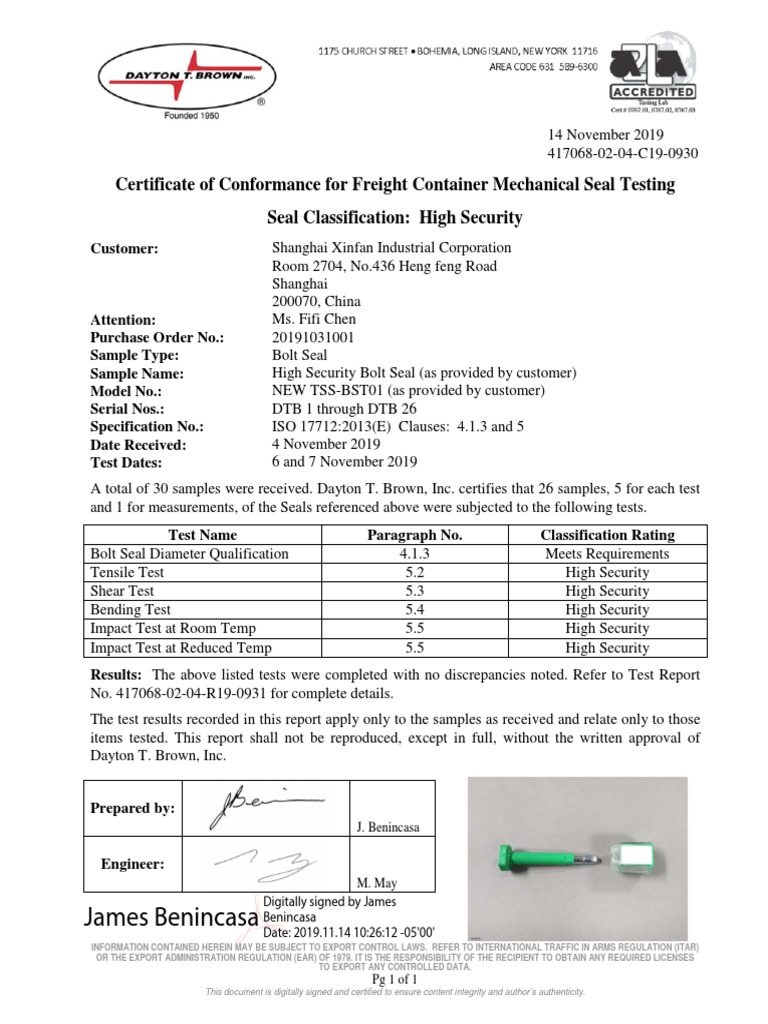 Certificate of Conformance for Bolt Seals | PDF | Business