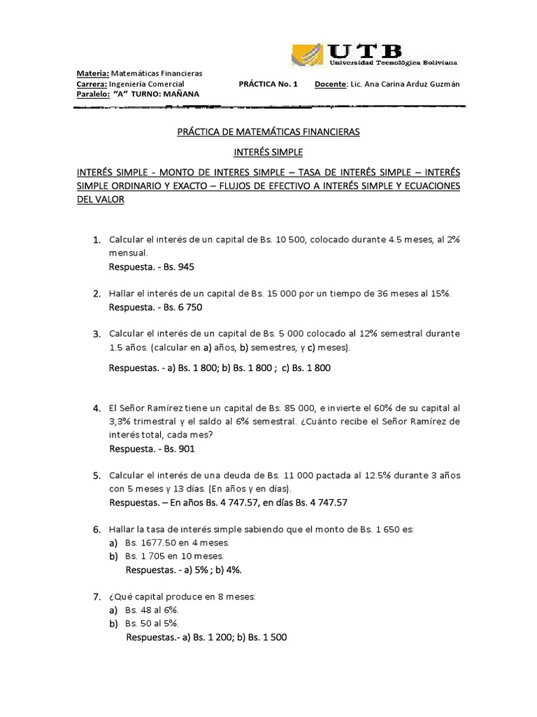 PRÁCTICA No.1 DE MATEMÁTICAS FINANCIERAS | PDF | Finanzas Matemáticas ...