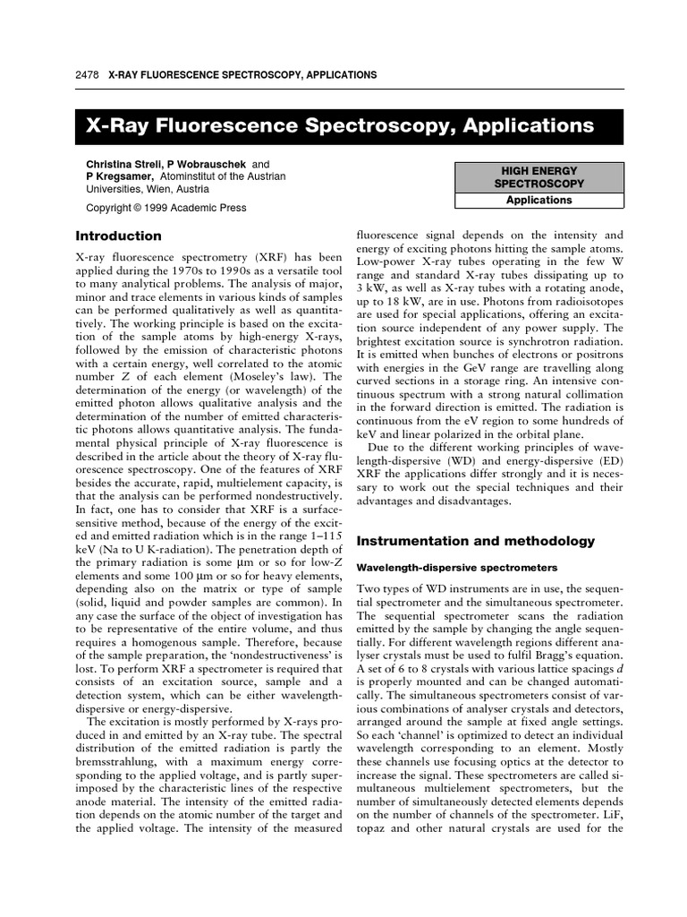 XRay Fluorescence Spectroscopy, Applications PDF