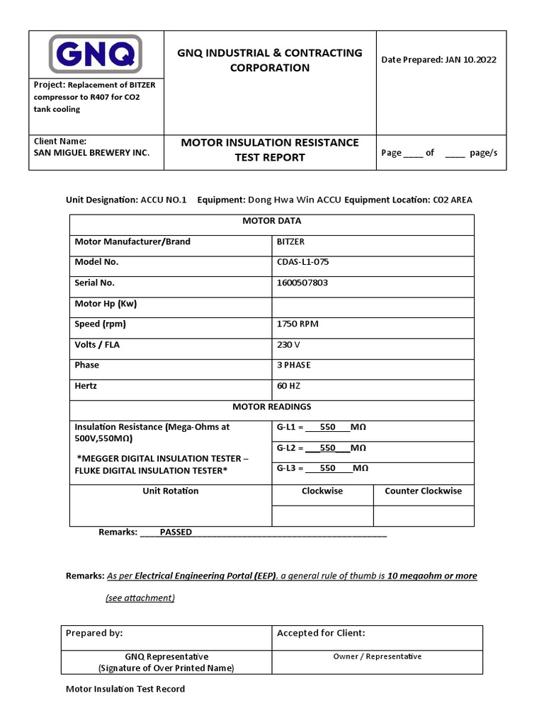 SMBI IN.FI12 REV02 Motor Insulation Resistance Test Report PDF