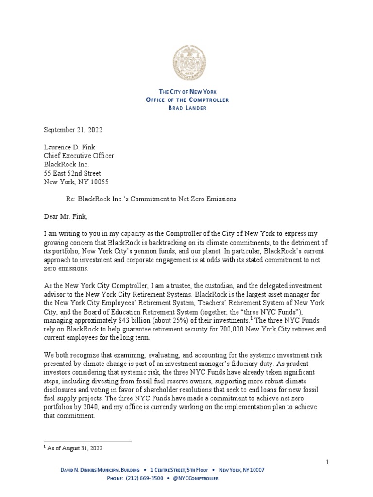 NYC Comptroller's Letter to BlackRock on Net Zero | PDF | Black Rock ...